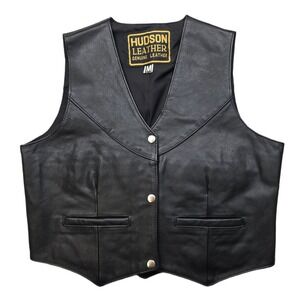 Hudson Leather Vest Womens Medium Black Snap Front Pockets Cropped Thick